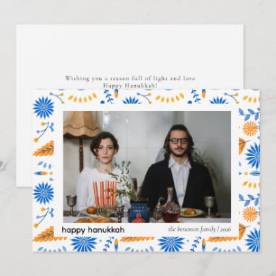 Elegant Blauw Gelukkig Chanoeka Familie 1 Foto Feestdagenkaart