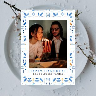 Elegant Blauw Gelukkig Chanoeka Familie 1 Foto Feestdagenkaart