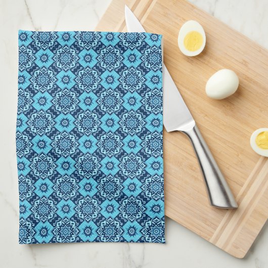 Elegant blauw geometrisch bloemenpatroon theedoek (Quarter Fold)