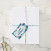 Elegant blauw gingham patroon gepersonaliseerde ve cadeaulabel (Met Touw)