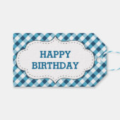 Elegant blauw gingham patroon gepersonaliseerde ve cadeaulabel (Voorkant (Horizontaal))