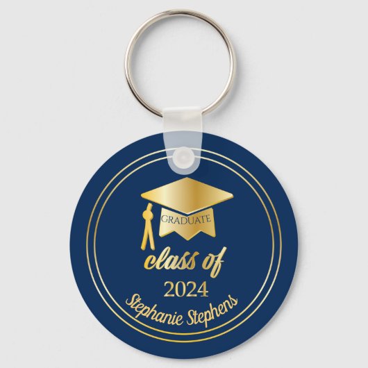 Elegant blauw | Goud 2024 Afstuderen Pet Afstudere Sleutelhanger (Voorkant)