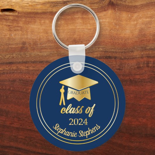Elegant blauw | Goud 2024 Afstuderen Pet Afstudere Sleutelhanger (Voorkant)