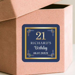 Elegant Blauw Goud 21e Verjaardagsfeestje Vierkante Sticker