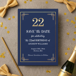 Elegant Blauw Goud 22e Verjaardagsfeest Save The Date