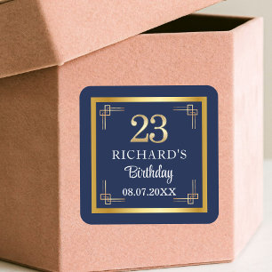 Elegant Blauw Goud 23e Verjaardagsfeest Vierkante Sticker