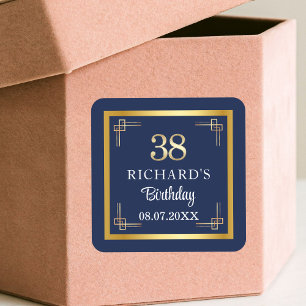 Elegant Blauw Goud 38e Verjaardagsfeest Vierkante Sticker