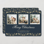 Elegant Blauw Goud 3 Foto Vrolijk Kerstfeest Kaart (Voorkant / Achterkant)