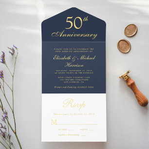 Elegant blauw goud 50ste bruiloft Jubileum All In One Uitnodiging