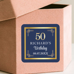 Elegant Blauw Goud 50ste Verjaardagsfeest Vierkante Sticker