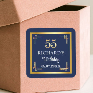 Elegant Blauw Goud 55ste Verjaardagsfeest Vierkante Sticker