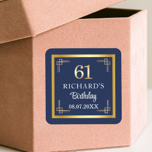 Elegant Blauw Goud 61e Verjaardagsfeest Vierkante Sticker