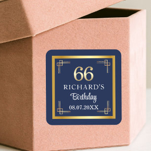 Elegant Blauw Goud 66ste Verjaardagsfeest Vierkante Sticker