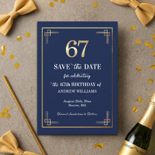 Elegant Blauw Goud 67e Verjaardagsfeestje Save The Date