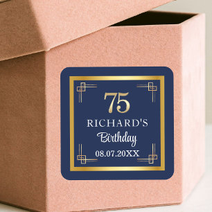 Elegant Blauw Goud 75ste Verjaardagsfeest Vierkante Sticker