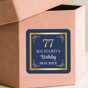 Elegant Blauw Goud 77ste Verjaardagsfeest Vierkante Sticker