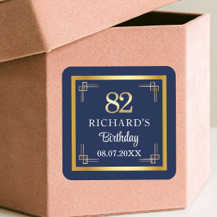 Elegant Blauw Goud 82ste Verjaardagsfeest Vierkante Sticker