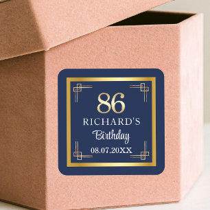 Elegant Blauw Goud 86ste Verjaardagsfeest Vierkante Sticker