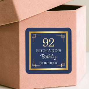 Elegant Blauw Goud 92ste Verjaardagsfeest Vierkante Sticker