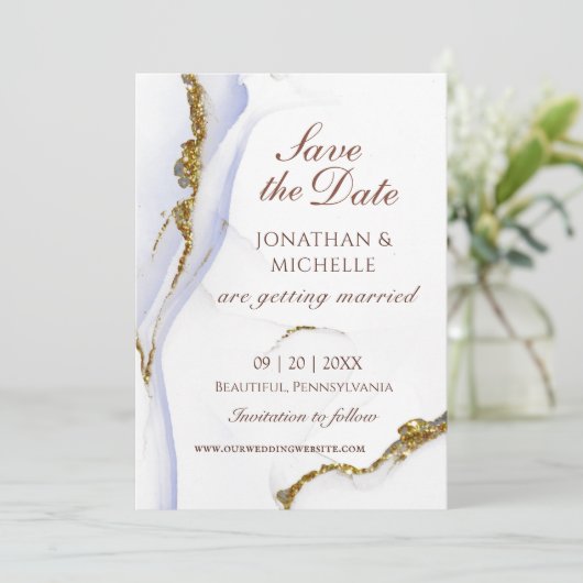 Elegant Blauw Goud Abstract Inspirerend Bruiloft Save The Date (Staand voorkant)