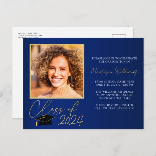 Elegant Blauw Goud Afstudeerfeest Uitnodiging (Voorkant / Achterkant)
