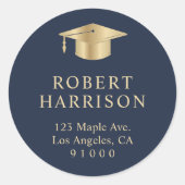 Elegant Blauw Goud Afstuderen Retouradres Ronde Sticker (Voorkant)