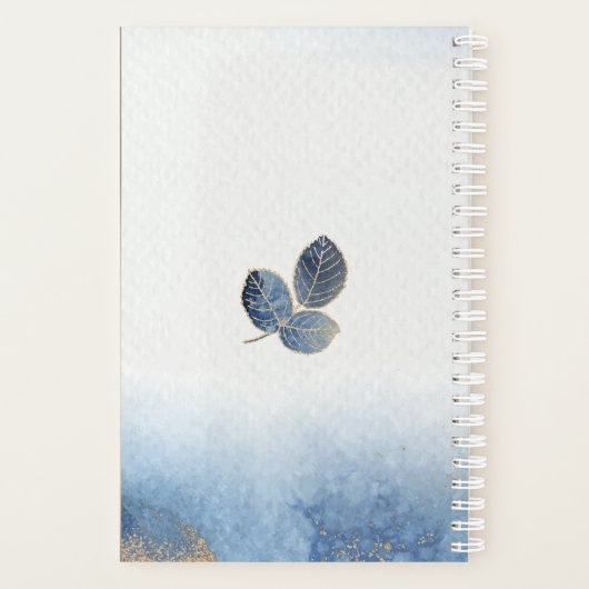 Elegant blauw goud bladeren botanische bruiloft planner (Achterkant)