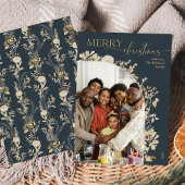 Elegant Blauw Goud Bloemen 1 Foto Kerst Kaart