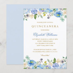 Elegant Blauw Goud Bloemen Quinceanera Uitnodiging