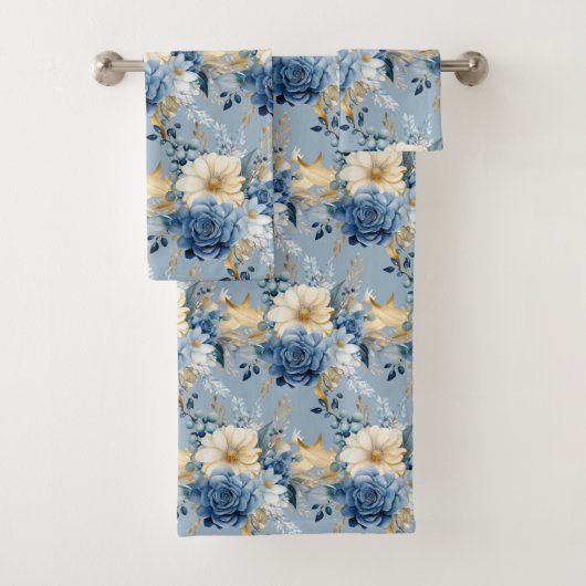 Elegant Blauw Goud Bloemen Rozen Handdoek Set (Insitu)