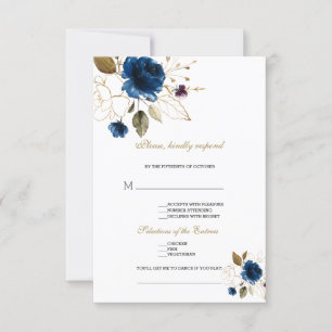 Elegant Blauw Goud Bloemen Song Aanvraag Bruiloft RSVP Kaartje