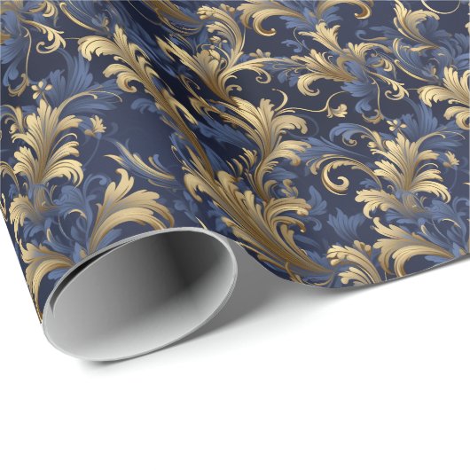 Elegant blauw goud bloemmotief cadeaupapier (Rol Hoek)