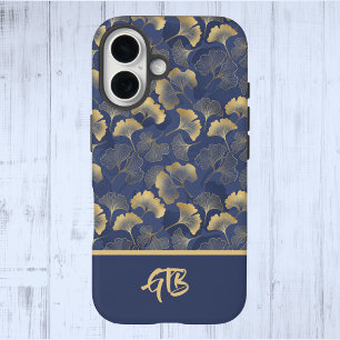 Elegant Blauw Goud Ginkgo Bladeren met Naam Monogr iPhone 16 Hoesje