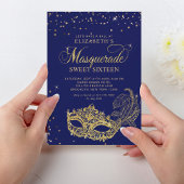 Elegant Blauw Goud Glitter Masquerade Sweet 16 Kaart
