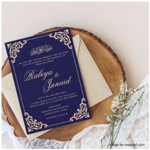 Elegant Blauw Goud Islamitisch Moslim Bruiloft Kaart
