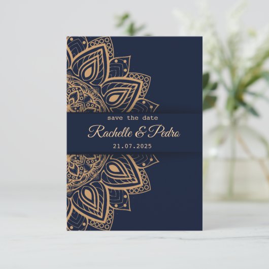 Elegant Blauw Goud Luxe Bruiloft Save The Date (Staand voorkant)
