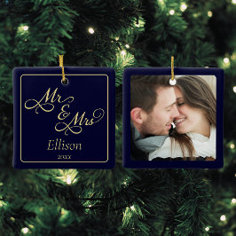 Elegant blauw goud meneer en mevrouw 1e kerst keramisch ornament