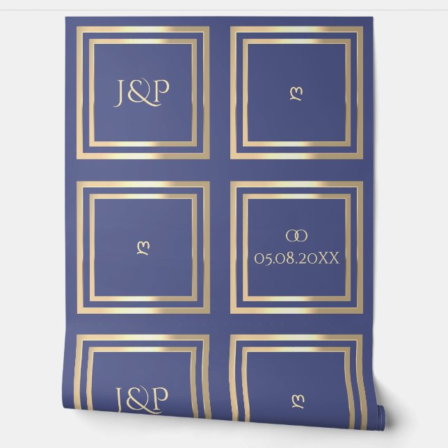 Elegant blauw goud monogram achtergrond bruiloft behang (Afrollen)