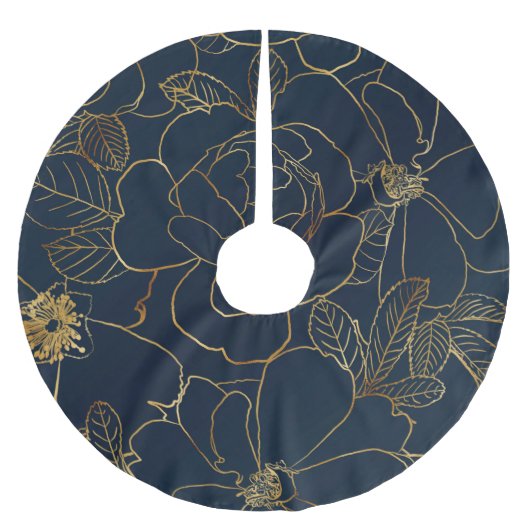 Elegant Blauw Goud Rozen Bloemen Kerstboom Rok (Voorkant)