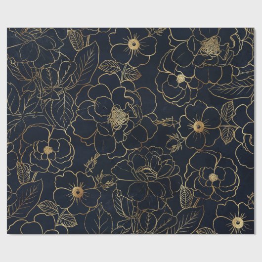 Elegant Blauw Goud Rozen Cadeaupapier (Vlak)