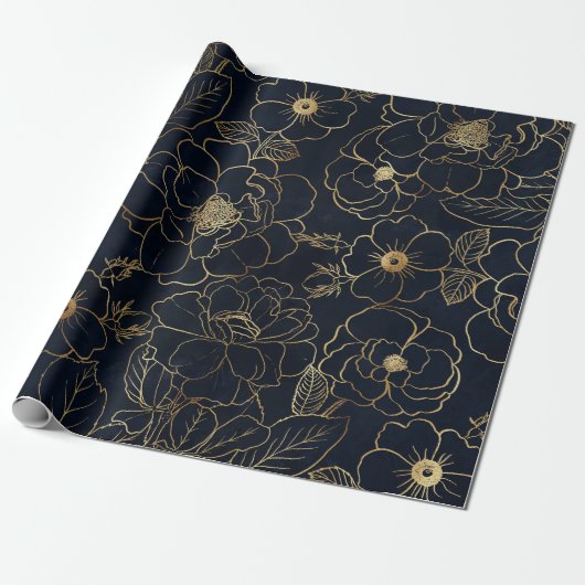 Elegant Blauw Goud Rozen Cadeaupapier (Uitgerold)