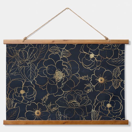 Elegant Blauw Goud Rozen Hangend Wandkleed (Voorkant)