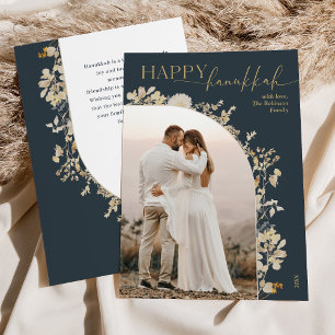 Elegant Blauw Goud Schrift Gelukkig Hanukkah Feestdagenkaart