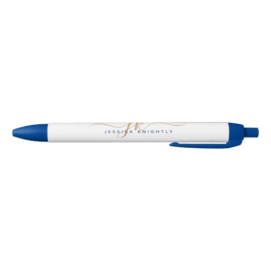 Elegant Blauw Goud Script Monogram Initialen Naam Zwarte Inkt Pen (Bodem)