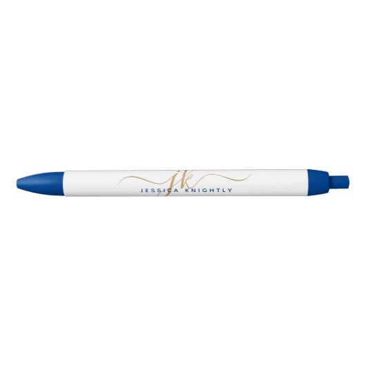 Elegant Blauw Goud Script Monogram Initialen Naam Zwarte Inkt Pen (Voorkant)
