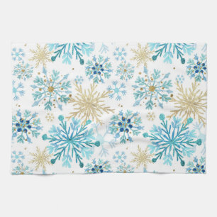 Elegant Blauw & Goud Sneeuwvlokpatroon Theedoek
