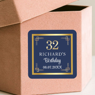 Elegant Blauw Gouden 32e Verjaardagsfeest Vierkante Sticker