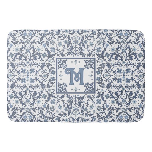 Elegant Blauw Grafisch Bloemmotief Monogram Badmat (Voorkant)