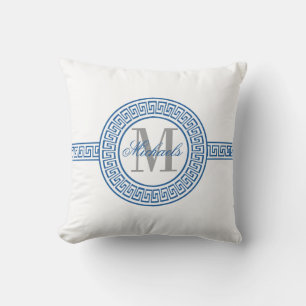 Elegant Blauw Grieks Sleutel Monogram Kussen