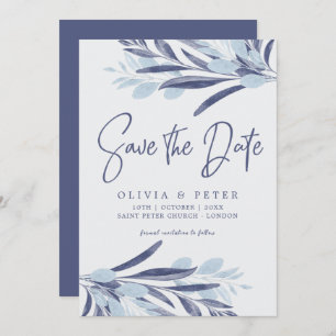 Elegant blauw grijs bladeren botanische bruiloft save the date
